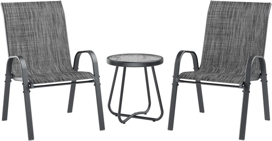 UDPATIO Patio Dining Set of 3, Outdoor Table and Chairs Set with Glass Table, 2 Stackable Patio Chairs with High Back, Outdoor Furniture Sets for Deck Garden Backyard Lawn Poolside (Dark Grey)
