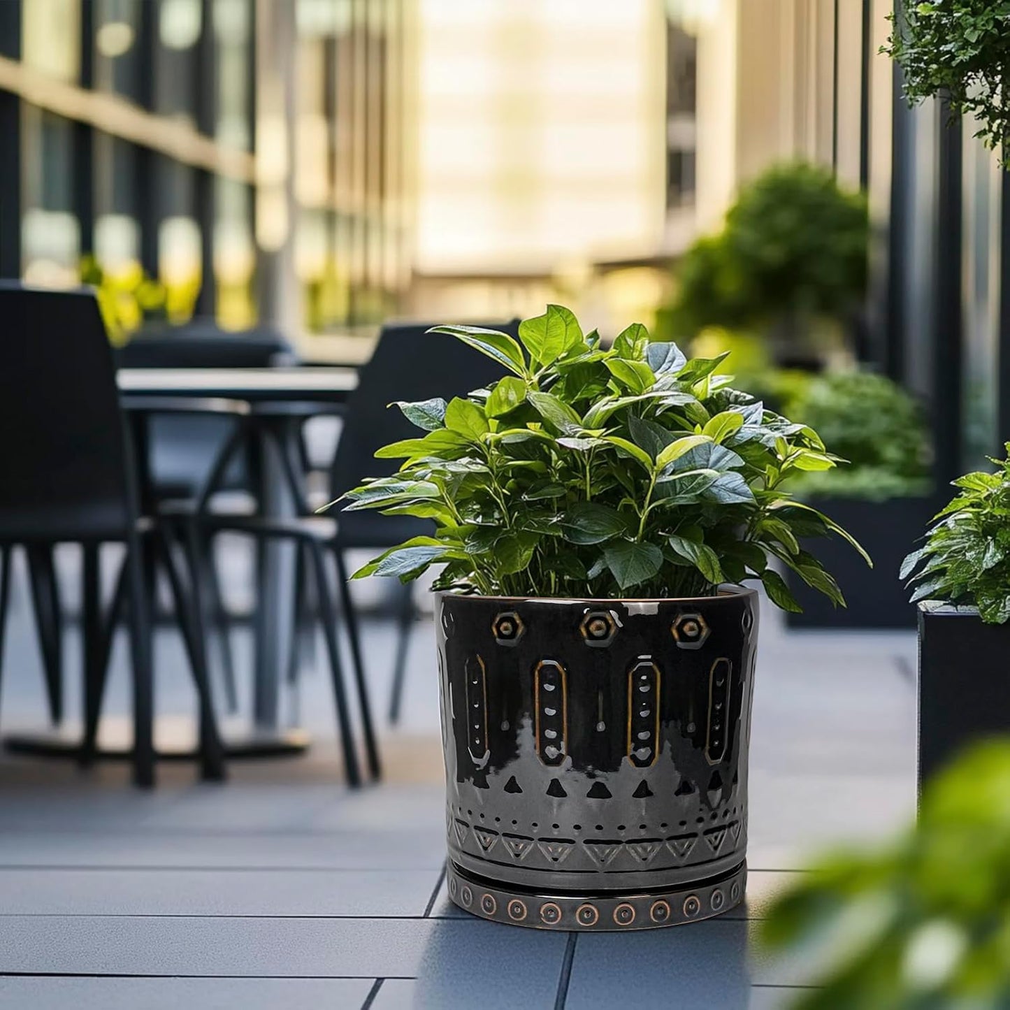 Ceramic Pots for Plants - 12 Inch Large Planter with Drainage Hole and Saucer, Ceramic Flower Pots for Indoor Outdoor, Boho Round Planter, Patio Decor, Gifts for Plant Lover, Black