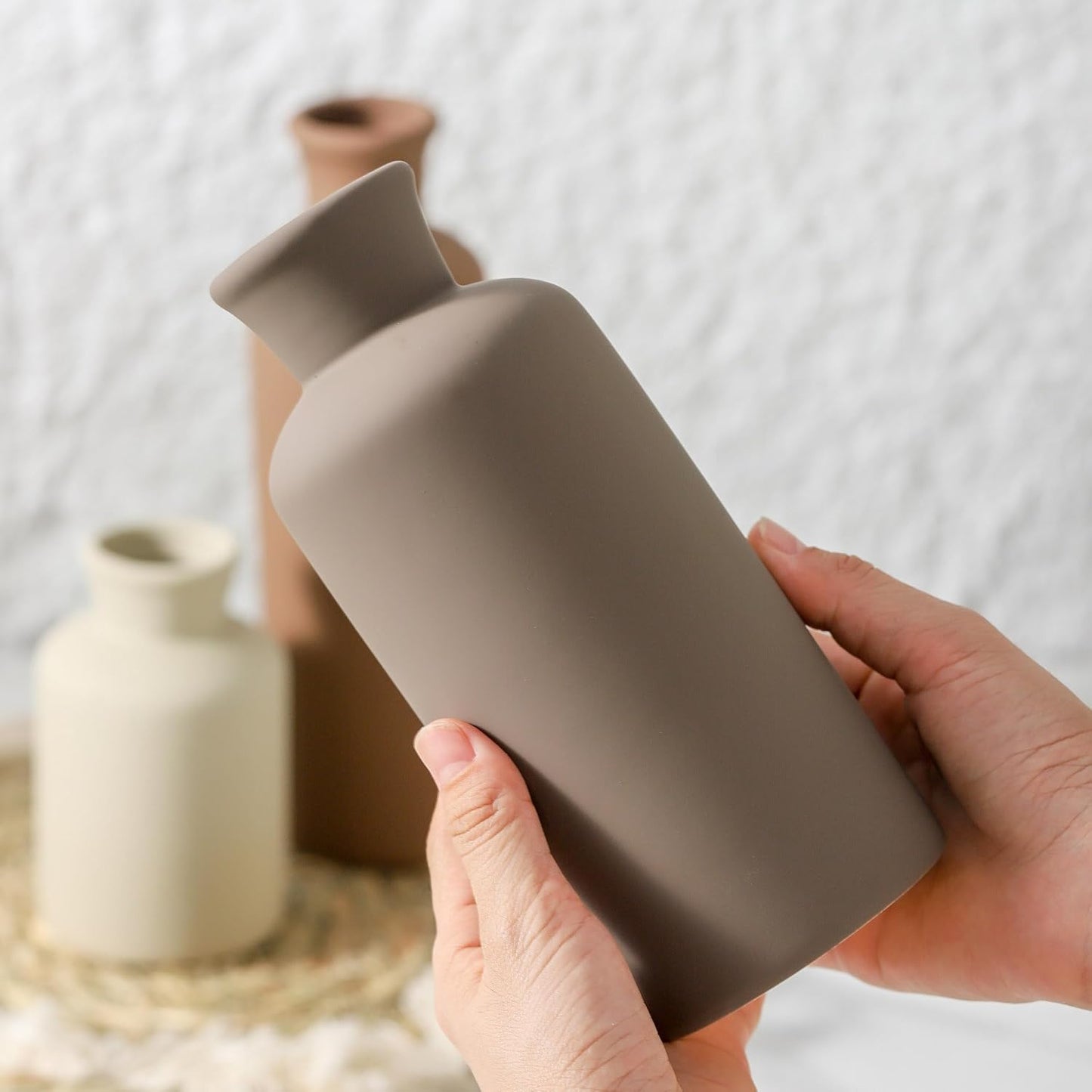 Ceramic Vase Set of 3, Flowers Neutral Modern Vases Home Decor Rustic Farmhouse Decor Pampas Vase for Table Mantel Entryway Shelf Living Room Kitchen Bathroom - Brown