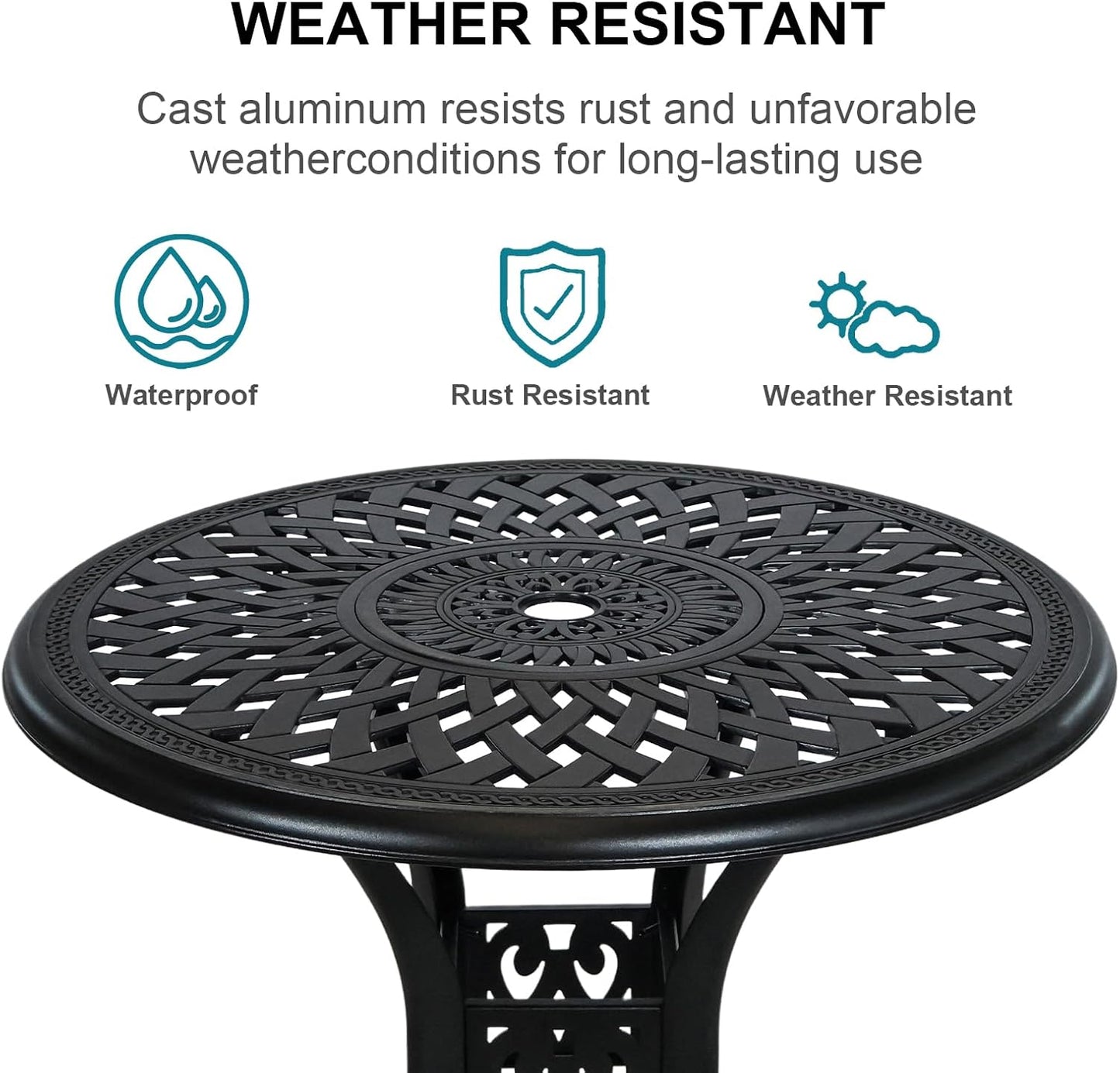Cast Aluminum Patio Bistro Sets Outdoor Bistro Table and Chair Set of 2 with Umbrella Hole,Metal 3 Piece Patio Set All Weather Bistro Table Set for Garden,Black
