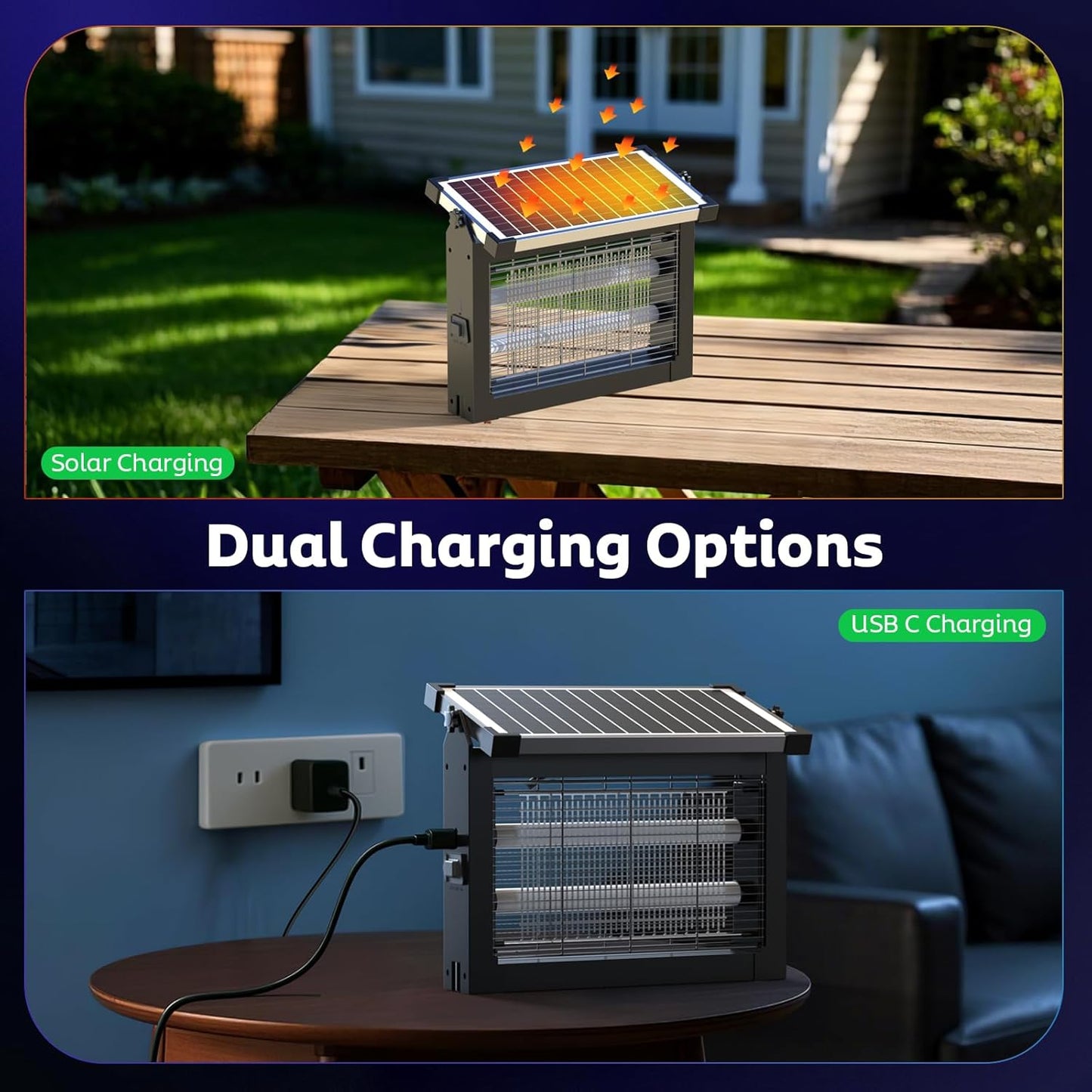 Solar Bug Zapper Outdoor, Mosquito Zapper Waterproof Electric Fly Zapper Rechargeable Mosquito Killer Lamp with 10W Solar Panel, 4500V Cordless Fly Trap for Backyard, Patio, Garden, RV, Camping