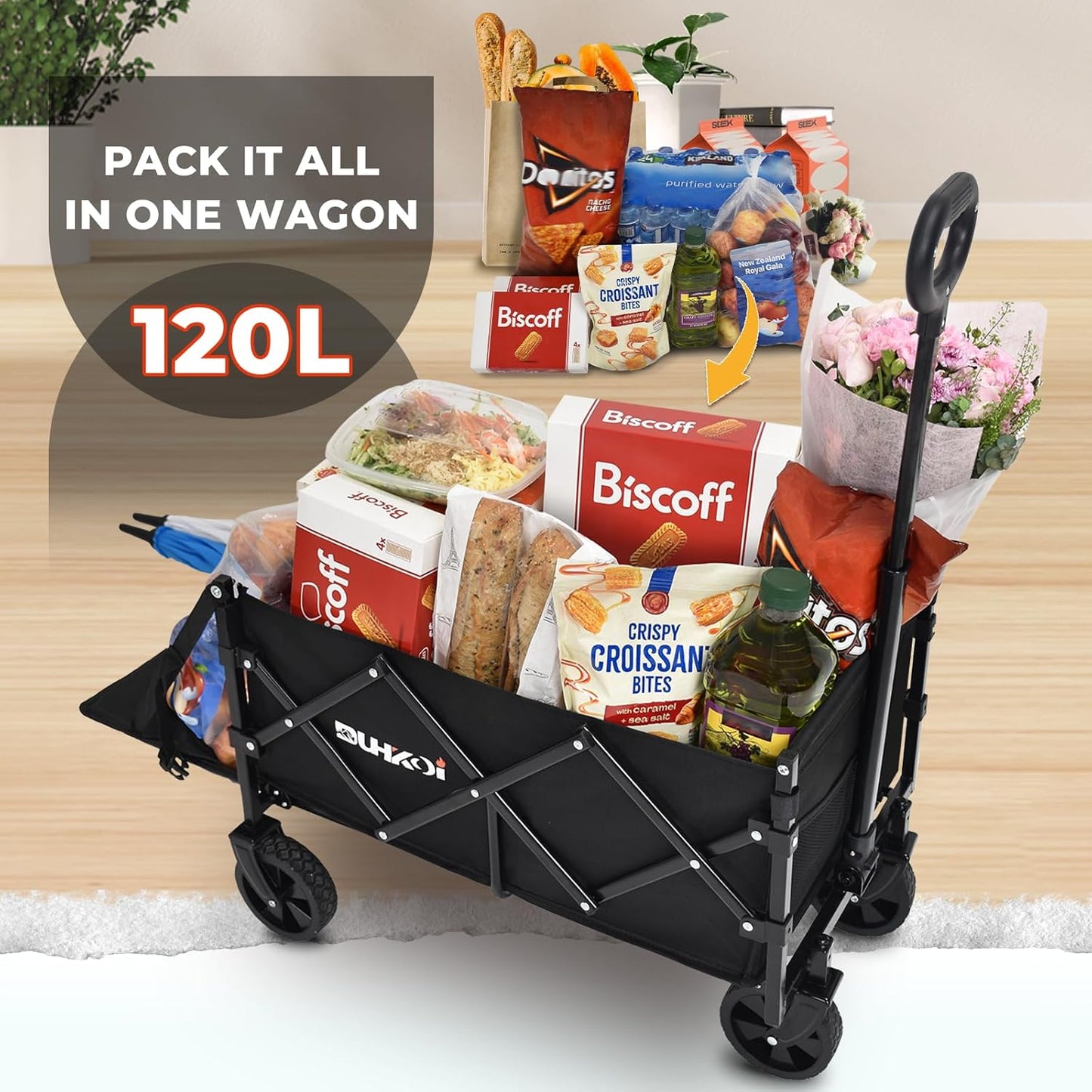 Collapsible Extended Tailgate Wagon with Wheels, 380LBS Capacity Folding Utility Cart for Garden，Outdoor, Grocery, Beach, Camping Portable Heavy Duty Garden Cart