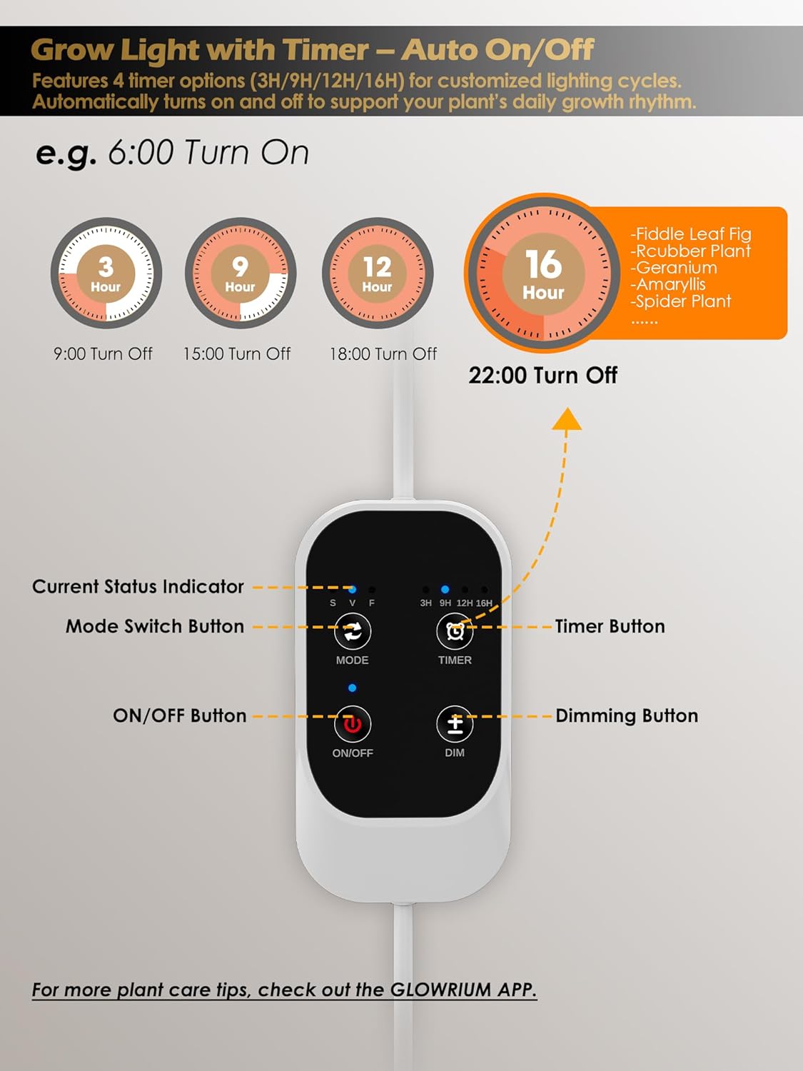 GLOWRIUM Grow Lights for Indoor Plants, 24W Full Spectrum LED Grow Light, Stepless Dimming,3 Lighting Mode and Adjustable Height, Plant Light with 3/9/12/16H Timer (White, 24W)
