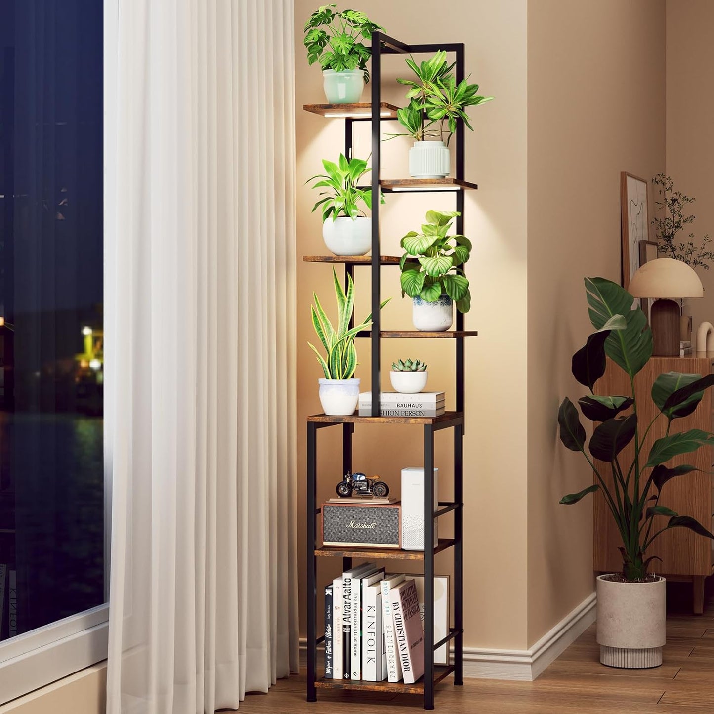Plant Stand Indoor with Grow Light, 7-Tiered Tall Plant Stand Indoor, Metal Plant Shelf with Bookshelf Bookcase and Adjustable Light, Ideal for Living Room, Reading room, Garden, Patio (Brown)