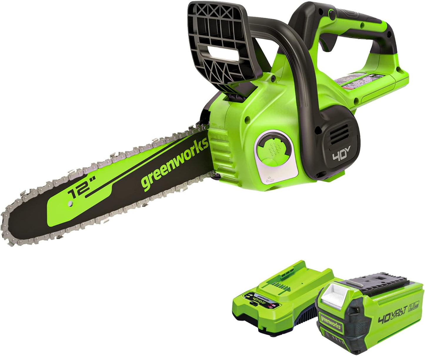 Greenworks 40V 12" Cordless Compact Chainsaw (Great For Storm Clean-Up, Pruning, and Camping), 2.0Ah Battery and Charger Included