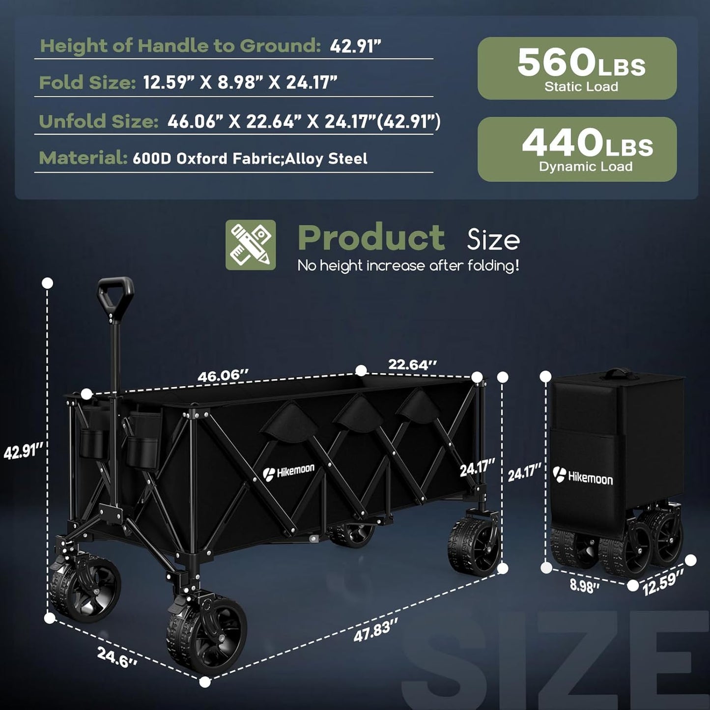 300L Extra Large Wagons Carts Foldable, 560LBS Heavy Duty Collapsible Beach Wagon 48" Long with Big All-Terrain Wheels, Utility Folding Cart for Camping, Grocery, Sports, Garden, Black