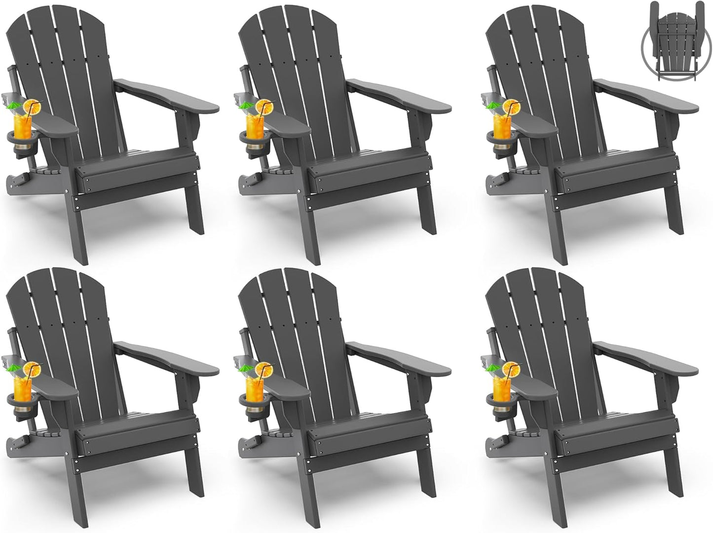 GREENVINES Folding-Adirondack-Chairs-Set-of-6 | HDPE Plastic | Fire Pit Chair | All Weather | Cup Holder | Grey | for Deck Backyard Patio Outdoor Garden