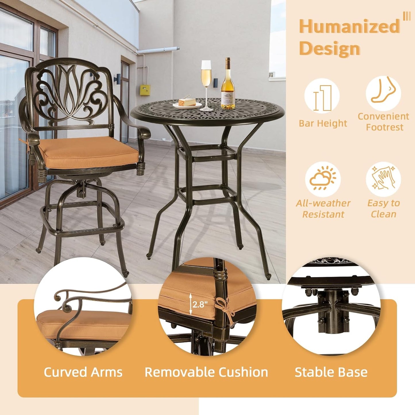 5 Pieces Patio Swivel Bar Set, Patio Bar Table and Chairs Set, All-Weather Cast Aluminum Outdoor Swivel Bar Stools of 4 and 35.4" Bar Height Table, High Top Bistro Set for Deck, Pool, Garden