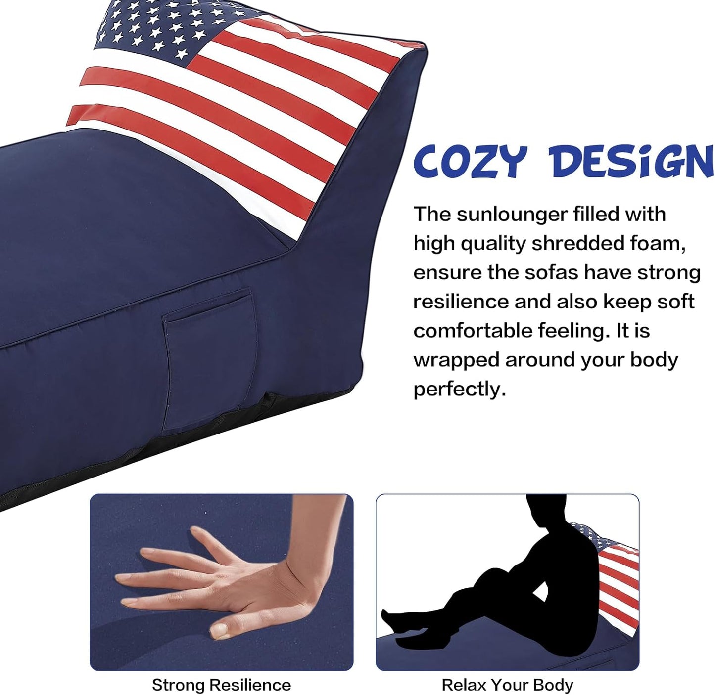 Outdoor Chaise Lounge Chair, Sunbed UV Resistant American Flag Sofa Couch Patio Waterproof Outside Sunlounge Reclining Sunbathing Bed Comfy Single Chaise Daybed for Garden, Pool, Beach, Navy Blue