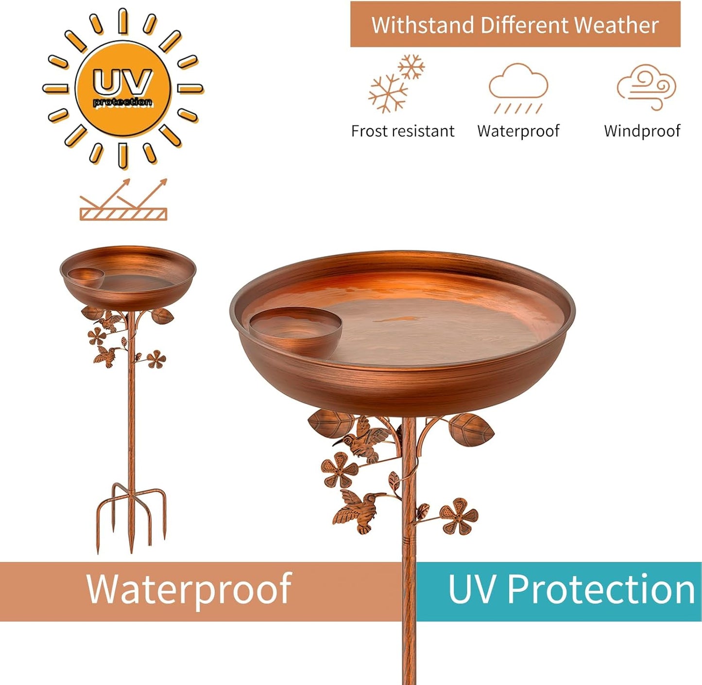 Metal Bird Bath for Outdoors Garden Birdbath Bowl, 39.6" Height Bird Feeders for Outside with 5 Prongs Base Stake, Standing Birdfeeders for Yard Lawn Decor (B)