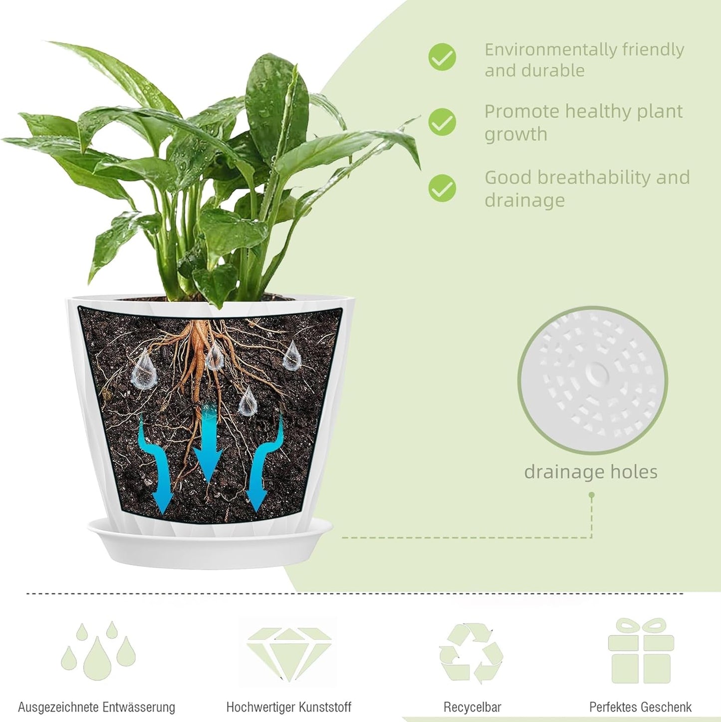 7 Inch Plant Pots 5 Pack, Flower Planters with Drainage Holes and Trays,Plastic Pots for Indoor Outdoor Plants,White