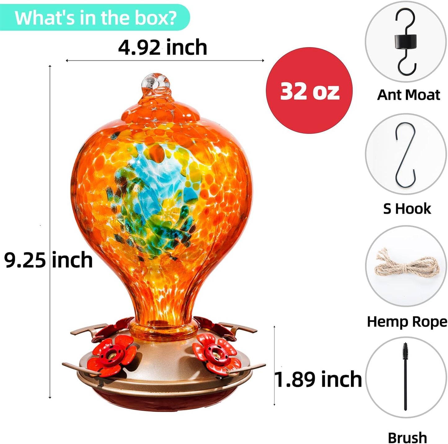 Hummingbird Feeders for Outdoors Hanging, 32OZ Hand Blown Glass Hummingbird Feeder for Outside, 4 Perch Ant Moat Leakproof, Garden Decor, Backyard Bird Gifts for Mom (Orange)