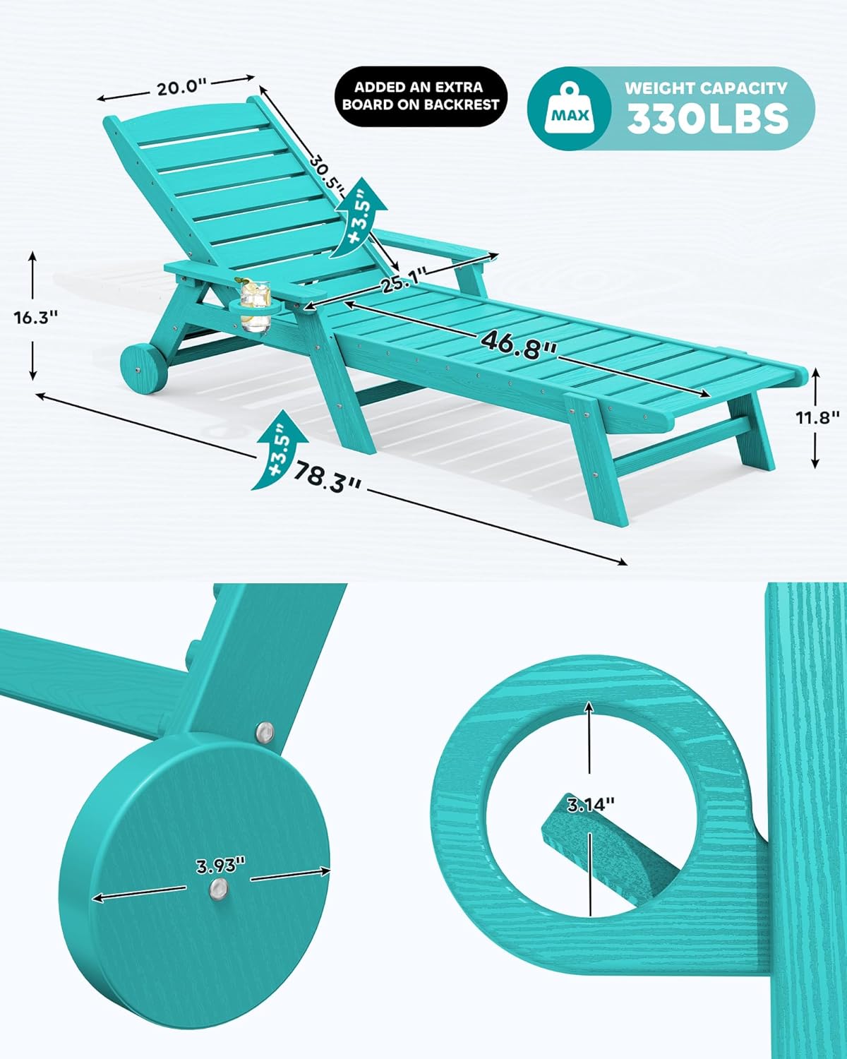 SERWALL Patio Chaise Lounge Chair, 78'' Long HDPE 5 Positions Adjustable Outdoor Lounger, Poly Lounge Chair with Rolling Wheels & Cup Holder for Pool, Aqua Blue