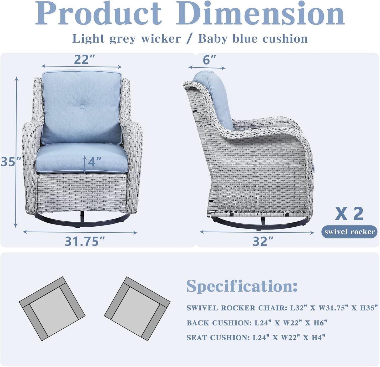 Outdoor Swivel Rcoker Patio Chairs - Outdoor Swivel Patio Chairs Set of 2 Wicker Chair Patio Furniture Sets with Covered Cushion for Porch Deck Balcony Garden, Baby Blue