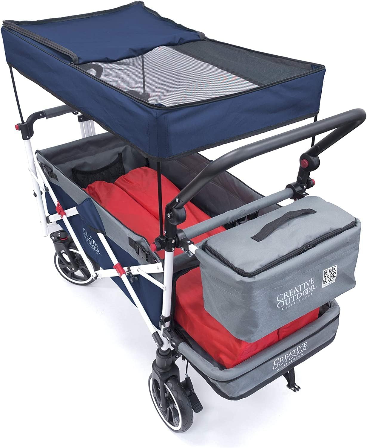 Creative Outdoor Wagon for Kids Push Pull Collapsible Stroller with Canopy Folding Cart for Beach, Park, Garden & Tailgate (Navy Blue & Grey)