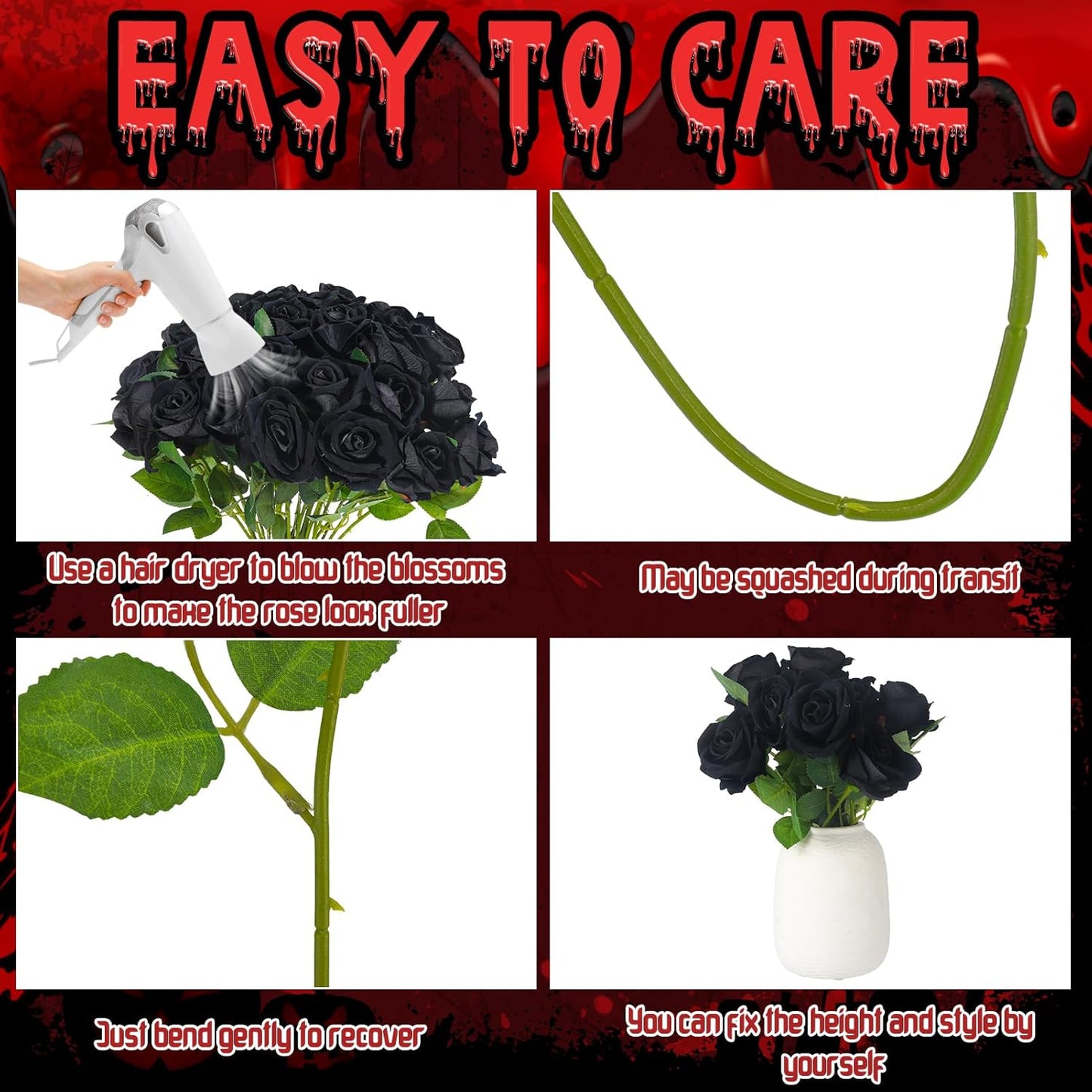 36 Pcs Silk Black Rose Bouquet Bridal Artificial Flowers,Fake Rose Long Stem Realistic Artificial Flowers Bulk for Wedding Bouquet Ball Arrangement Centerpiece Party Decor