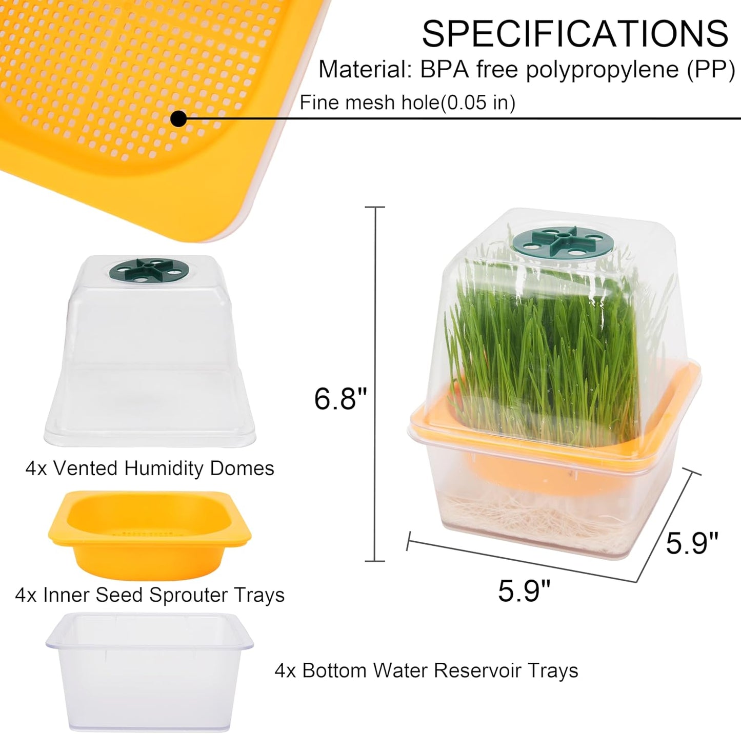 Microgreen Growing Trays, LUVCSOY Sprouting Tray with Humidity Dome, 1.2 mm Small Mesh Holes, BPA Free, Sprouter Kit for Growing Mirco Seeds, Like Broccoli, Alfalfa, Radish, Clover - 4 Pack | Clear