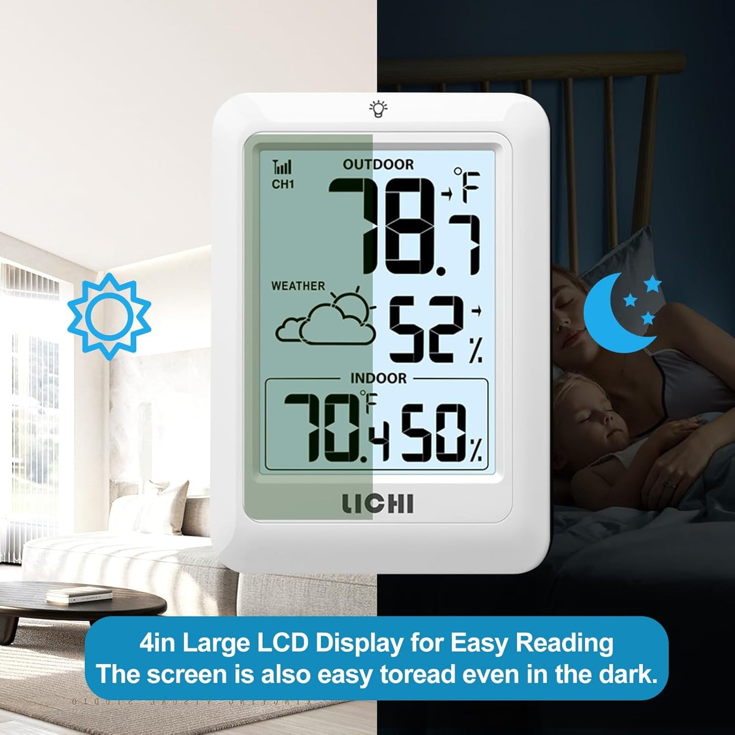 Indoor Outdoor Thermometer Wireless Weather Station, Internal External Thermometer Hygrometer, Home Batteryoperated Temperature Humiditymonitors330 Feet (About 100 Meters) Backlight Display (White)