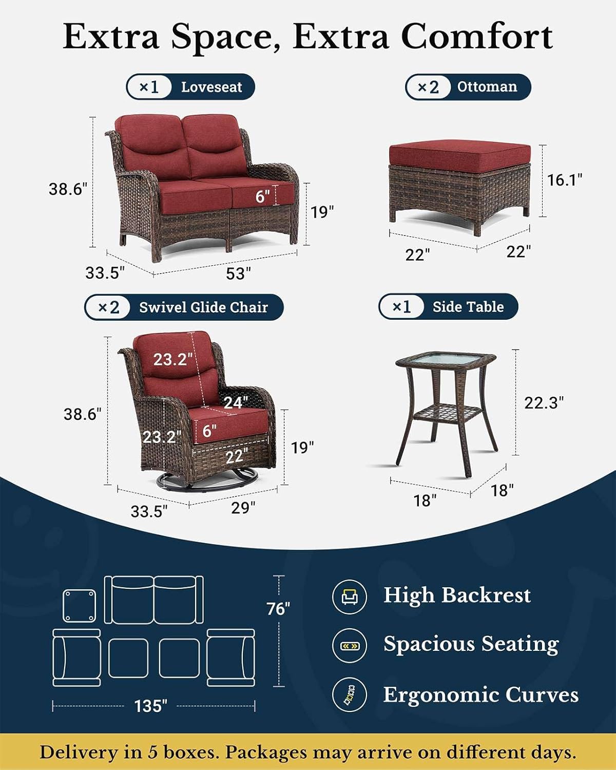 HILLGA Luxury Patio Furniture Set with 6-inch Thick Cushion, Outdoor Loveseat and High Back Swivel Rocker Patio Chairs, 6PCS Wicker Conversation Set for Deck Yard and Poolside, Burgundy (V2)