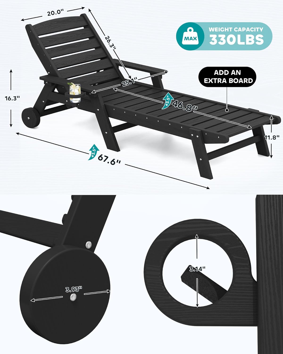 SERWALL Patio Chaise Lounge Chair Set of 4, 5 Positions Adjustable Poly Outdoor Lounge Chair for Pool, HDPE Lounge Chair with Rolling Wheels & Cup Holder for Poolside, Deck, Obsidian Black