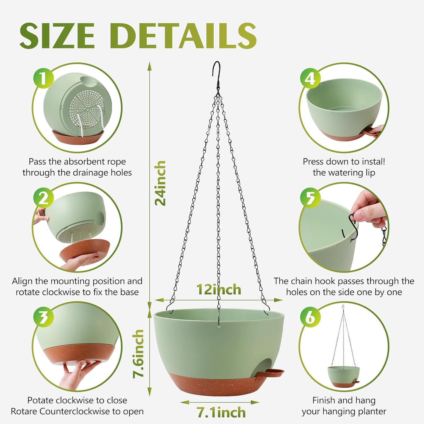 GARDIFE Hanging Planters for Indoor Outdoor Plants, 2 Pack Self Watering Hanging Pot with Drainage Holes & Removable Tray (Green, 12 inch)