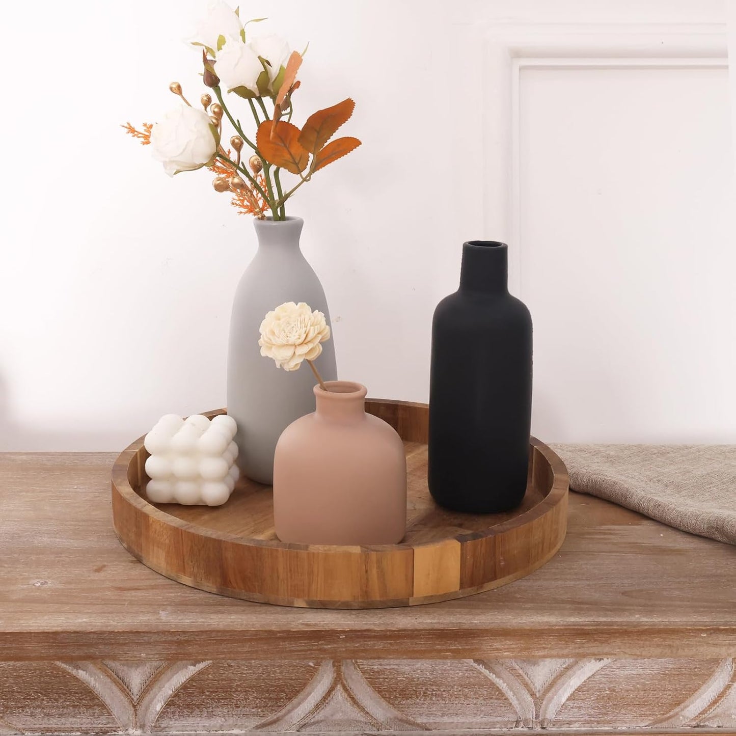 CUCUMI Ceramic Vase Set of 5, Home Decor Farmhouse Décor Handmade Pottery Vases for Pampas Grass, Dried Fresh Flowers, Table, Living Room, Kitchen, Shelf, Entryway Mantel Neutral Tones