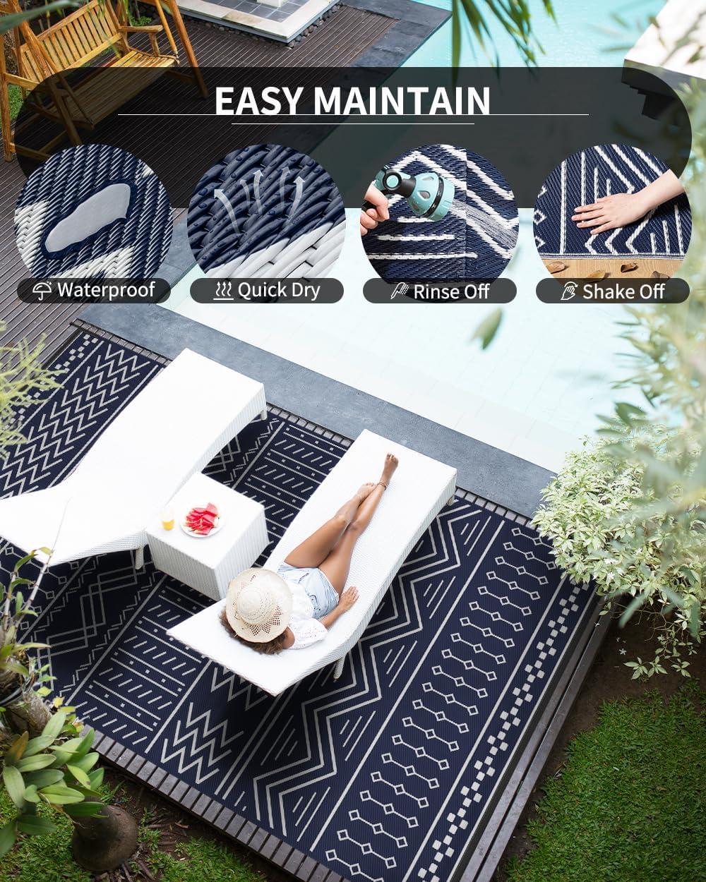 Outdoor Rug Carpet Waterproof 5x8 ft Patio Rug Mat Indoor Outdoor Area Rug for RV Camping Picnic Reversible Lightweight Plastic Straw Outside Rug for Patio Decor Decoration Boho Rug Navy Blue White