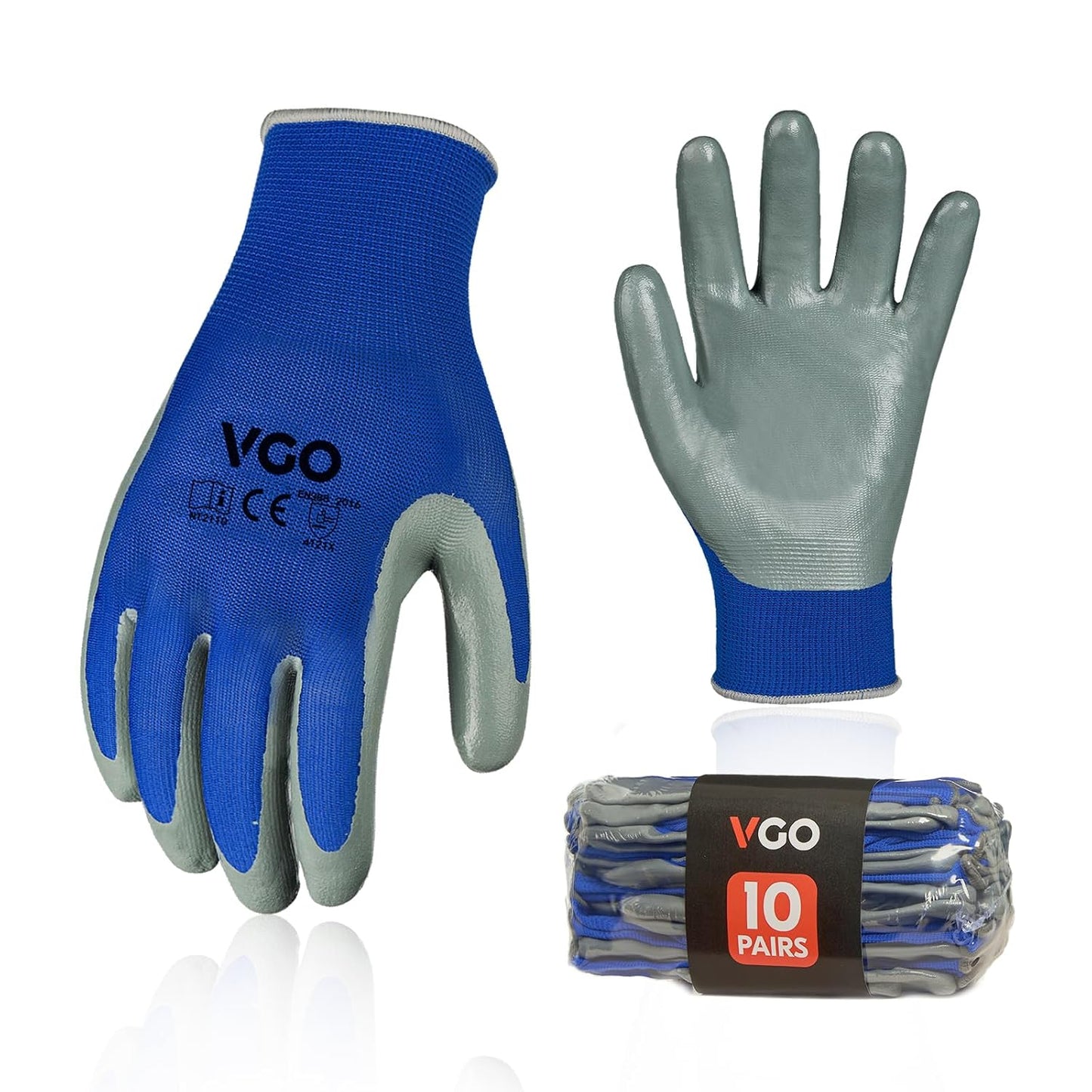 Vgo 10-Pairs Safety Work Gloves, Gardening Gloves, Non-slip Nitrile coating, Dipping Gloves (Size S, Blue, NT2110)