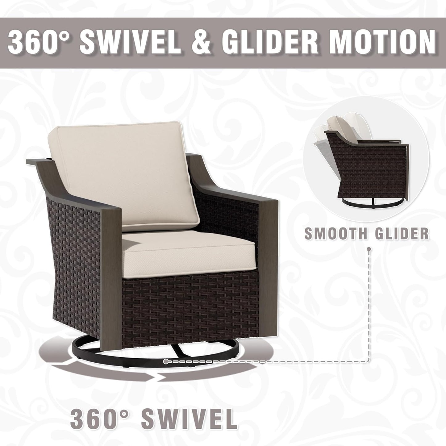 4 Piece Wicker Patio Conversation Set, All-Weather Use Outdoor 2 PE Rattan Swivel Chair, 2 Ottoman, Removable Water-Resistant Cushion, Ideal for Porch, Backyard, Balcony, Poolside, Beige