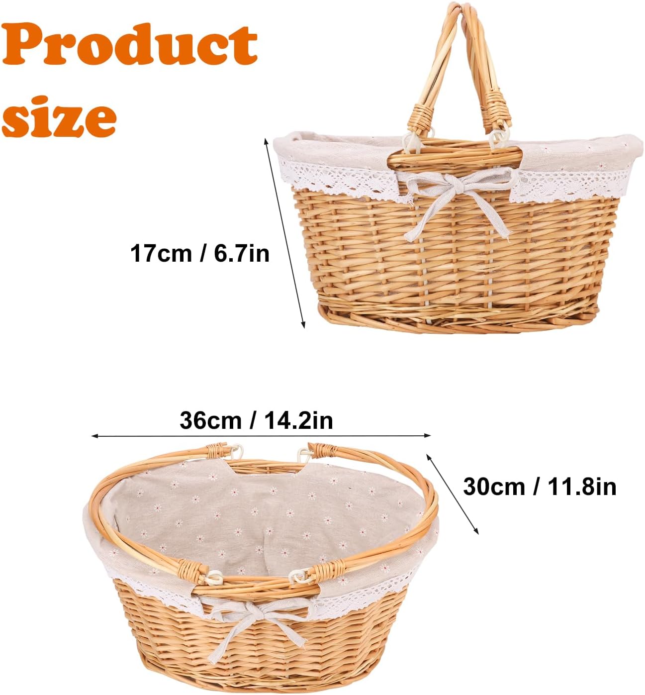 Natural Wicker Basket with Linen Lining, Woven Picnic Basket with Handle, Large Picnic Basket, Stylish Hand-Woven Favors Storage Basket for Picnic, Camping, Outdoor Party