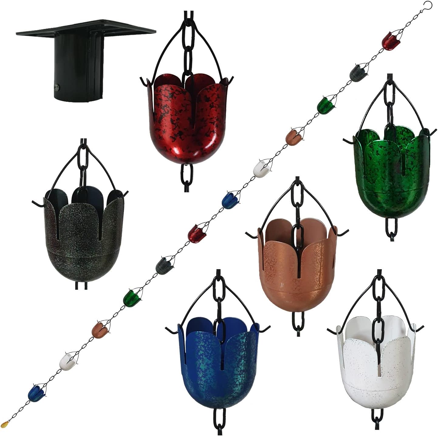 8.5FT Multicolor Rain Chains for Gutter and Rain Barrel, Rust-Resistant Plated Iron Rain Chain, Decorative and Functional Replacement for Downspouts or Gutters, W/Gutter Adapter (2 x 6color Cups)