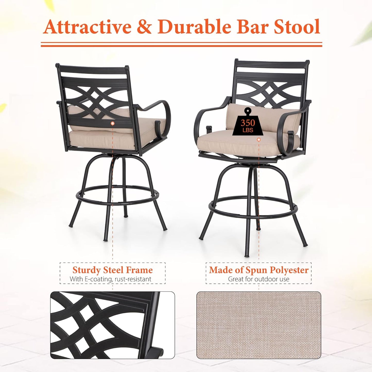 Sophia & William 3 Piece Patio Bar Set with 2 Swivel Bar Stools and 1 Square Bar Table, All Weather Patio Bistro Set with Seat Cushions