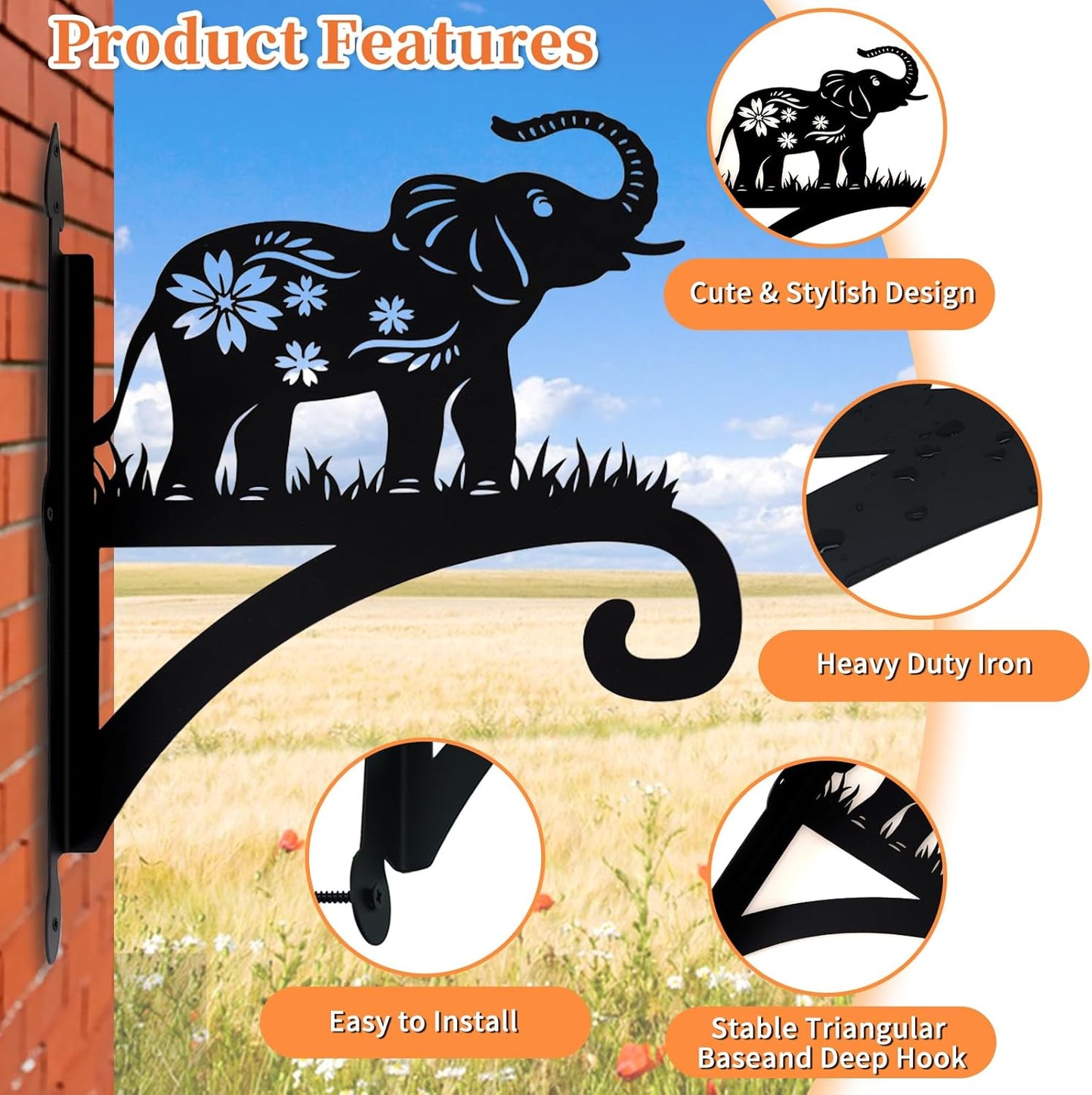 Hanging Plant Hanger Bracket, Heavy Duty Iron Wall Plant Hanger for Bird Feeder, Decorative Baby Elephant Silhouette Plant Hooks Hanging Plant Hangers Outdoor for Wind Chimes Flower Pot Lantern