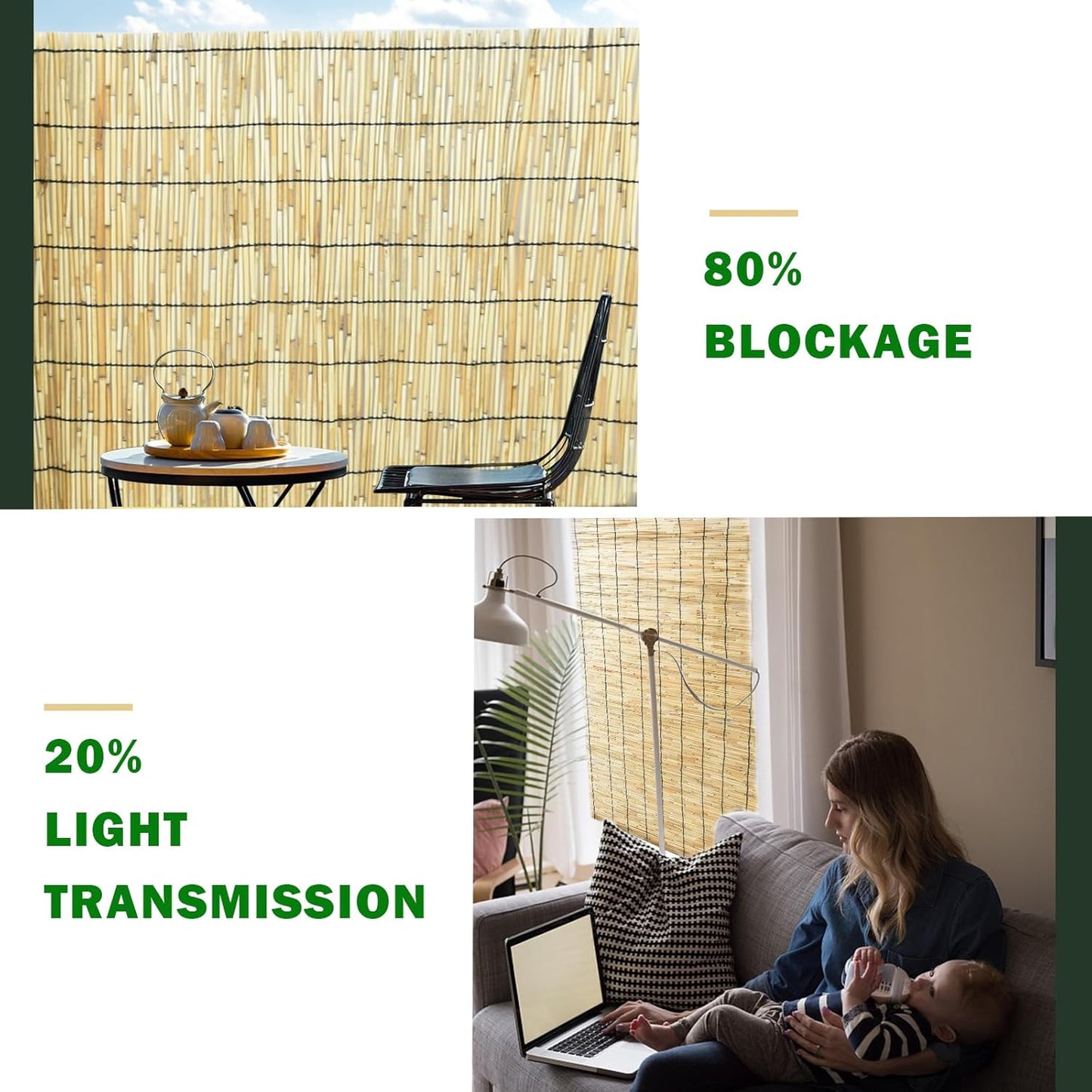 2 Pcs Jollybower Natural Reed Fencing Rolls, Eco-Friendly Reed Fence Curtain, 4Ft High x 13Ft Long Reeds Screen, Decorative Fence for Garden Privacy, Balcony and Window