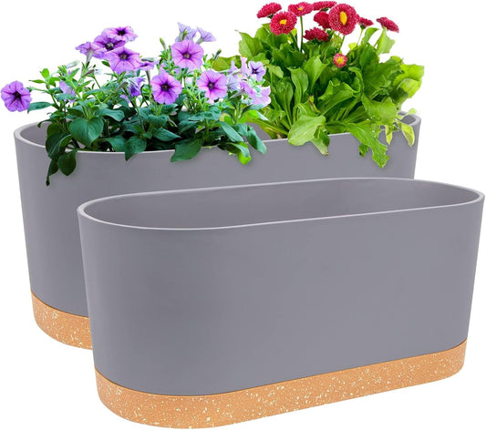 QCQHDU 16" L x 7.6" W x 7" H Window Planter Box, 2 Pack Self Watering Pots for Indoor Plants with Drainage Holes & Saucer, Outdoor Flower Pots Home Garden Modern Decor