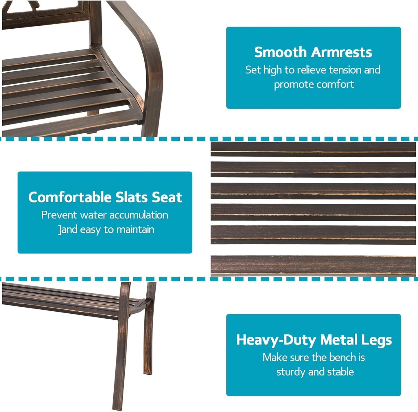 MFSTUDIO 50" Outdoor Garden Bench, Patio Metal Frame Park Bench with Bird Pattern Backrest for Porch, Lawn, Deck(Bronze)