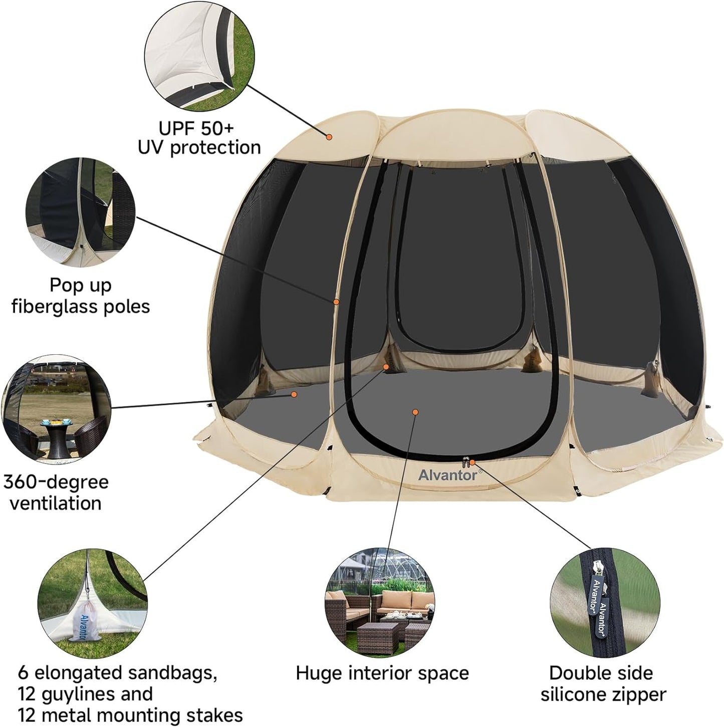 Alvantor Screen House Gazebo, 6-10-15 Person Pop Up Igloo Screened Canopy Tent with Mosquito Netting Sides, Instant UV Resistant Sun Shelter for Garden, Patio, Backyard