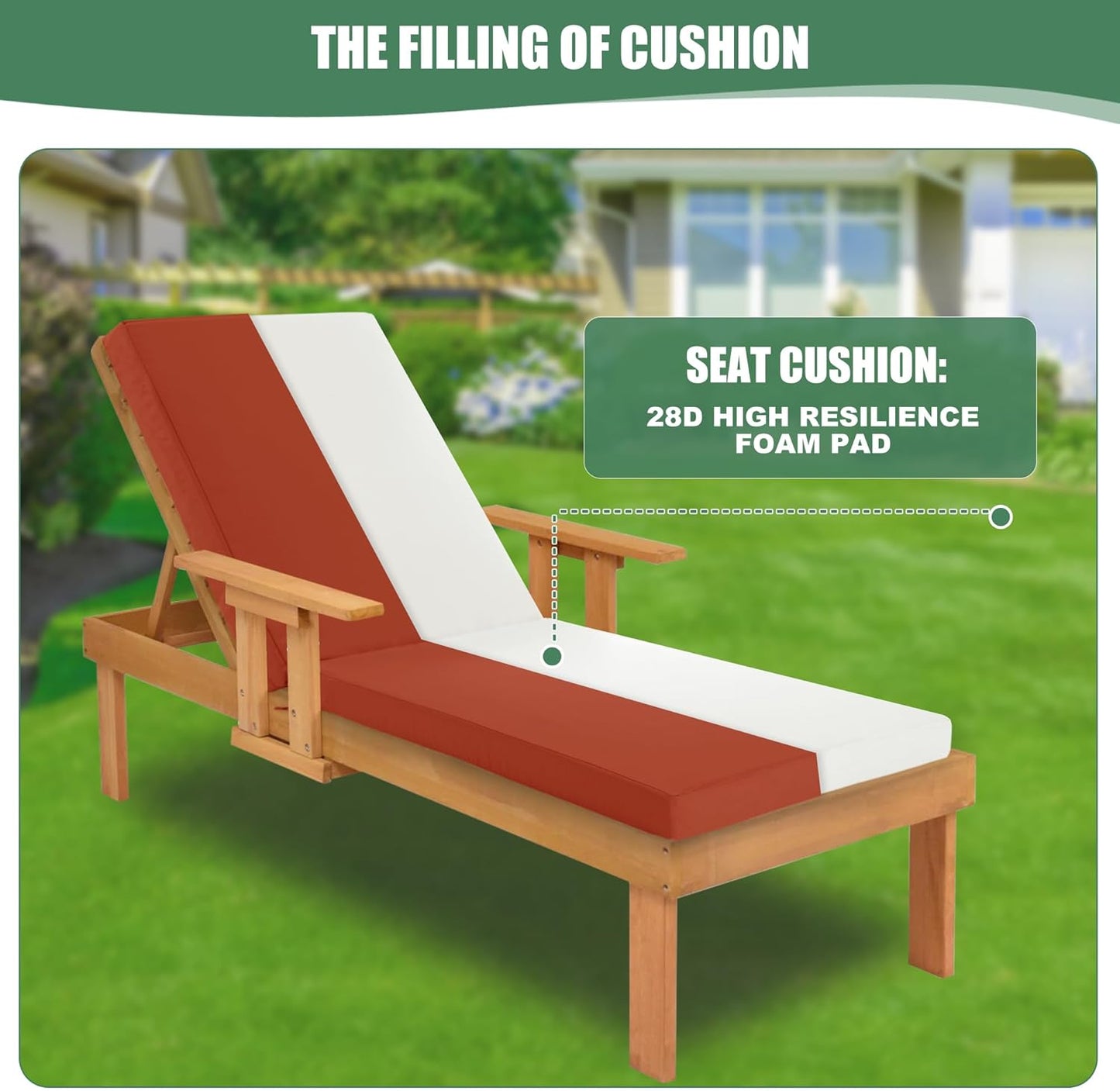 Chaise Lounge Cushions Outdoor - Waterproof and Fade Resistant Sun Lounger Replacement Cushions - Patio Lounger Pads with Removable Cover for Pool, Deck, Lawn, 80 x 26 x 3 Inch, Rust