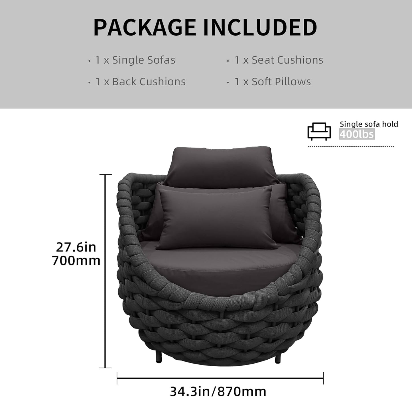 TWT 4 Pieces Patio Sofas All-Weather Teslin Rope Balcony Furniture with Cushions & Pillows, Patio Couch Outdoor Patio Furniture Set for Indoor, Balcony, Backyard, Poolside, Dark Grey