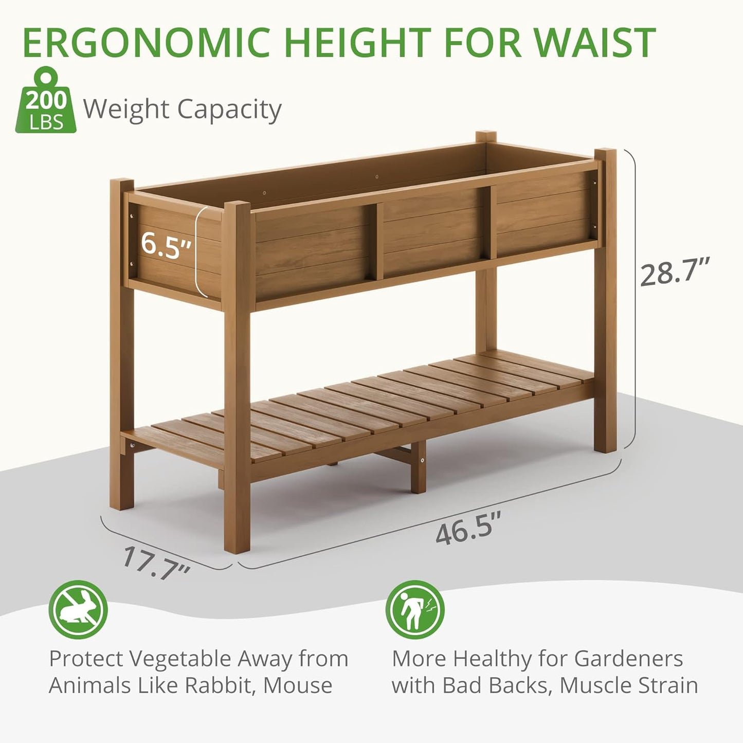 LUE BONA Raised Planter Box with Legs, 47 * 18 * 29 in, Raised Garden Bed with Tools and Storage Shelf, Weather Resistant, 3-Year Warranty, Standing Growing Bed Herb Planter for Vegetable, Brown