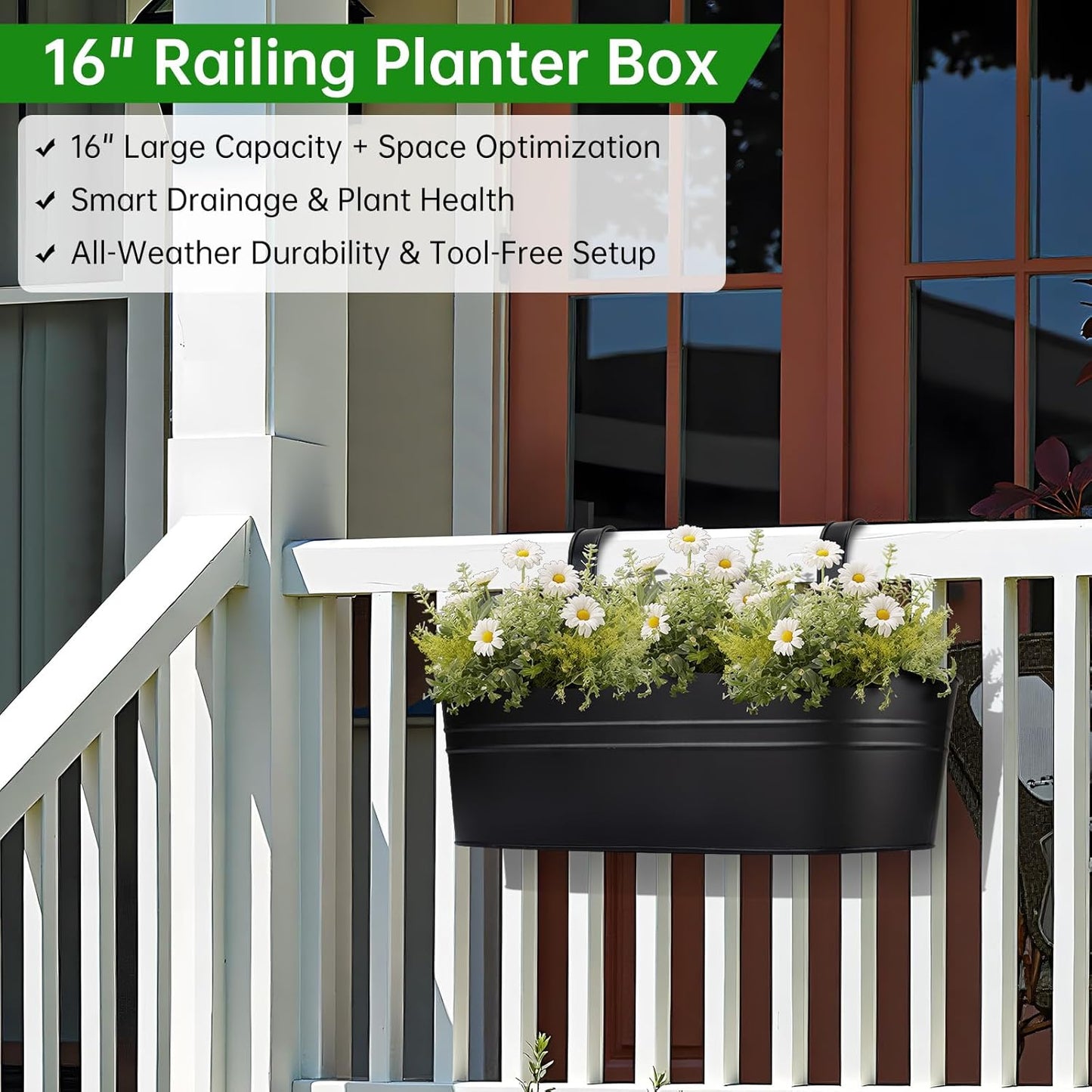 OGIMA Railing Planter Box, 3 Pack 16" Large Hanging Planters for Outdoor Plants with Adjustable Wide Hooks for 2.7'' Railings, Balcony Planters Railing Hanging for Deck, Fence & Patio Decor