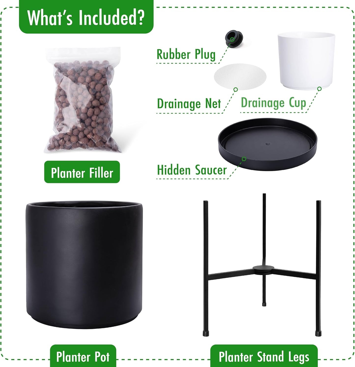 D'vine Dev Modern Black Plants Pot Cylinder Planter with Heavy Duty Stand, Large 12 Inch Pot, 17.6 Inch with Stand Height, 96-T-B-3