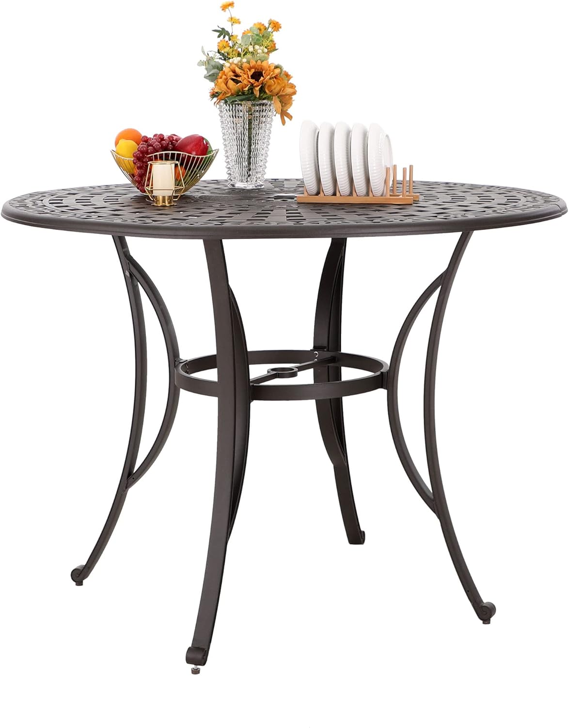 PHI VILLA Cast Aluminum Round High Bar Dining Tables for 6 Person, 54" Dia Engraved Cast-Top Aluminum Table with 2.1" Umbrella Hole, Patio Bar Height Table for Lawn Garden