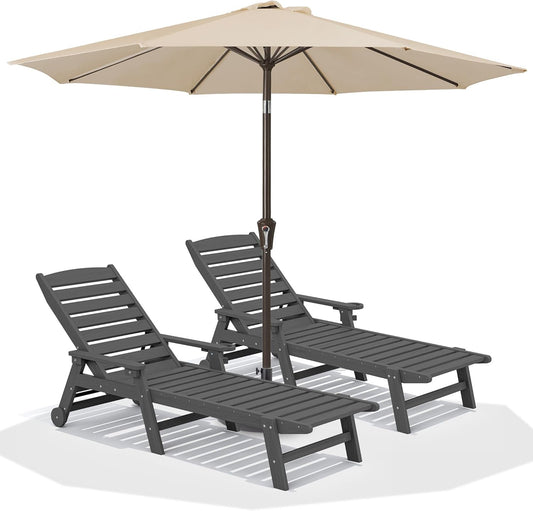 SERWALL Patio Chaise Lounge Chair Set of 2 with 9FT Patio Umbrella, 78'' HDPE Outdoor Lounger, Poly Lounge Chair with Rolling Wheels & Cup Holder for Pool,Slate Gray (Umbrella Base not Included)