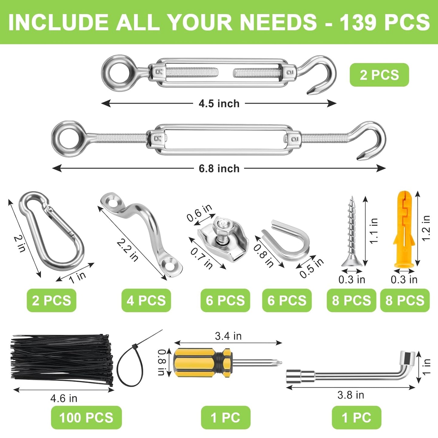 120Ft 1/16" Stainless Steel Wire Rope Kit, Vinyl Coated Cable, Turnbuckles for Tension Clothesline Outdoors, Hooks for String Light Hanging, Shade Sail Hardware