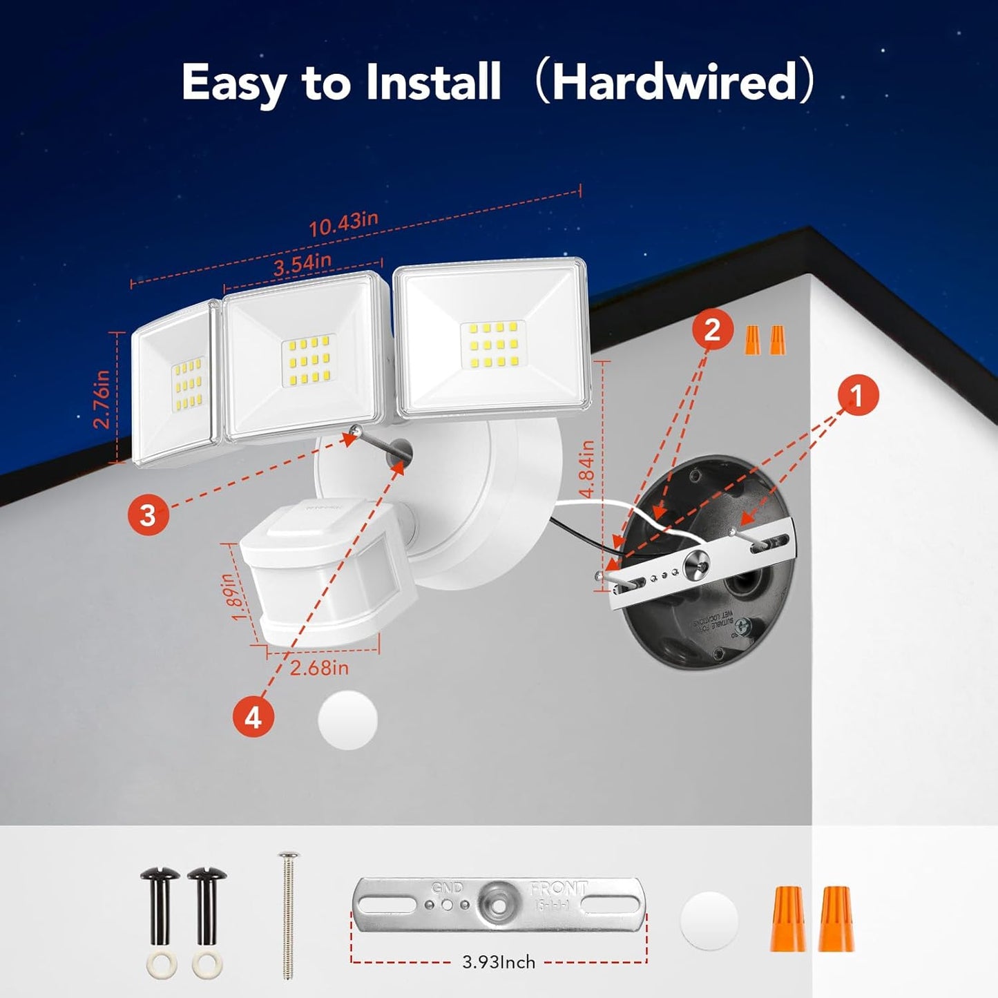 OREiN 3500LM/26W Flood Lights Outdoor, 240°/40FT Motion Sensor Outdoor Lights Dusk to Dawn Security Lights IP65 Waterproof 3 Modes for Outside 3500SQ.FT Front Door, Garage, White (Hardwired)