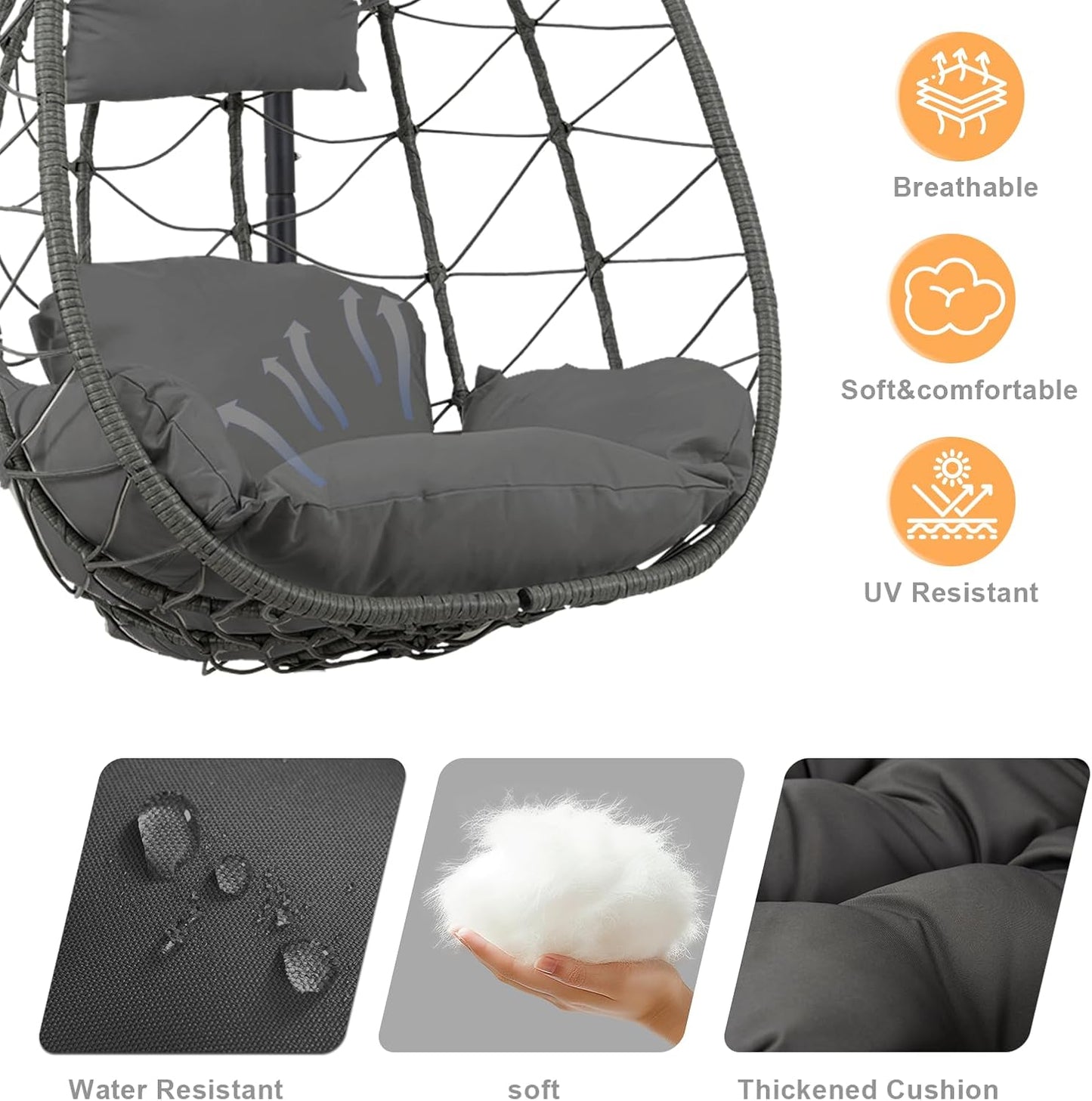 Hanging Egg Chair with Stand Egg Chair Indoor Outdoor, Patio Swing Hammock Egg Chairs, UV Resistant Removable &Washable Thicken Padded Cushions, 350LBS Capacity for Bedroom, Balcony, Garden, Dark Grey