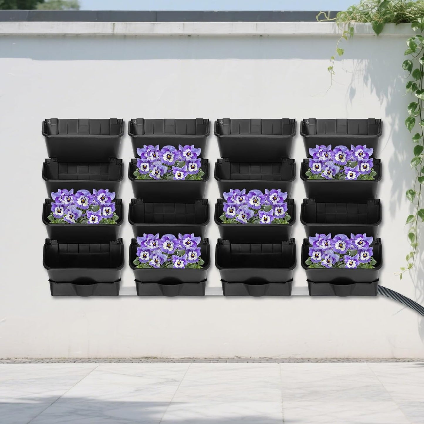 Vertical Wall Planter with 16 Pots, Hanging Garden Plant Flowerpot Holder, Stackable Wall-Mounted Planter, Balcony Planters for Flowers Vegetables Fruits (Black, 16 Pots+4 Drainage Planters&Pipe)