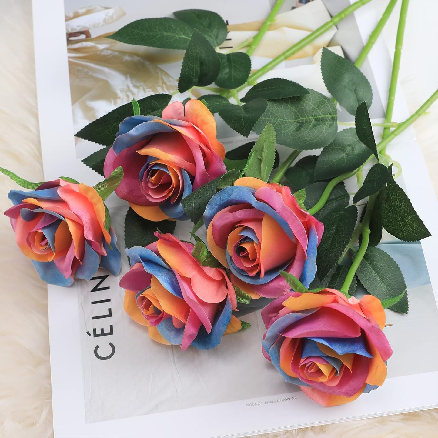Rainbow Fake Roses Artificial Flowers - 10 Pcs Fake Artificial Roses Silk Flowers with Stems for Home Wedding Hotel Office Centerpiece Decor（Rainbow）