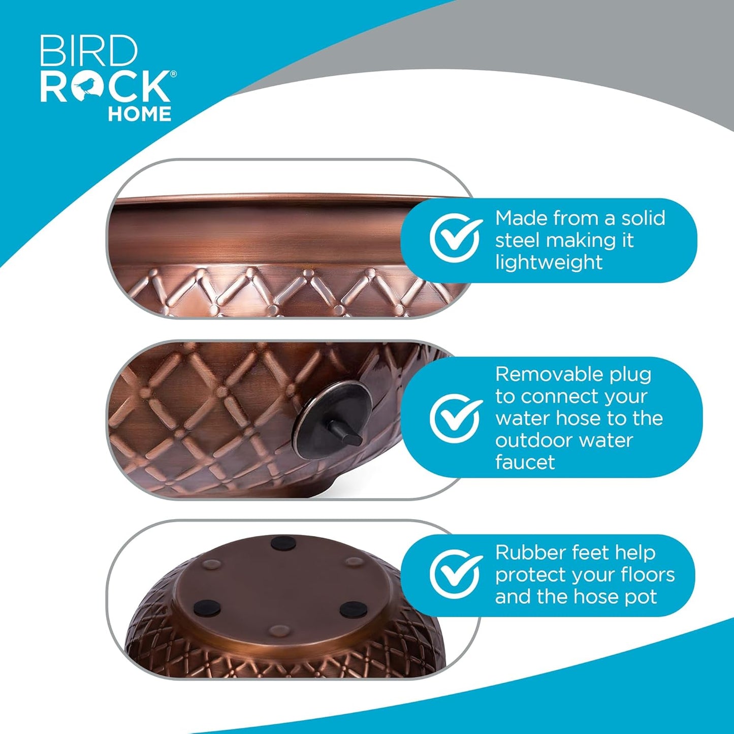 BIRDROCK HOME Water Hose Holder - Decorative Metal Pot, Indoor or Outdoor, Garden Storage Organizer, Patio Portable Bucket - Embossed Steel w/ Copper Accents, Holds up to 100ft Hoses